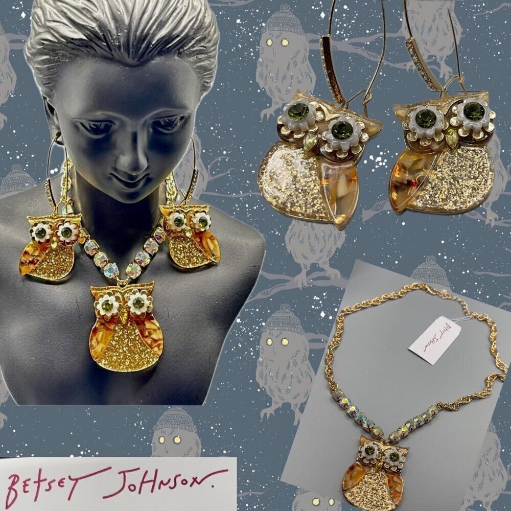 Betsey Johnson Gold Glitter Green Eye Owl Pendant Pave Detail Necklace Set-2 PC